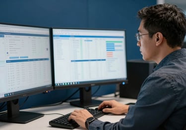 A focused North American / US financial analyst working with two monitors showing data. Hints of Bright Sky Blue in the UI and Deep Navy Blue office walls.