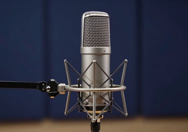 A modern, minimalist microphone in a professional podcast studio. The background is a Deep Navy Blue acoustic panel with soft accent lighting.