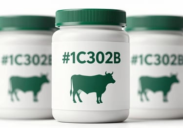 A professional product shot of a supplement container for cattle, featuring a clean white label with dark green #1C302B text and a simple cow silhouette. Studio lighting, white background.