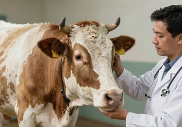 A professional image showing a veterinarian examining a healthy cow, representing the scientific vetting process of Ramya Vet products. Soft, expert lighting.