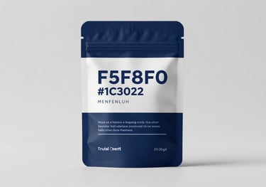 Clean, studio shot of a protective hoof-care supplement pack. Professional and modern packaging design using brand palette #F5F8F0 and #1C302B.