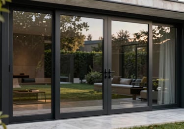 Photography of a sleek black aluminum frame sliding door installed in a contemporary Anatolian villa, overlooking a garden.