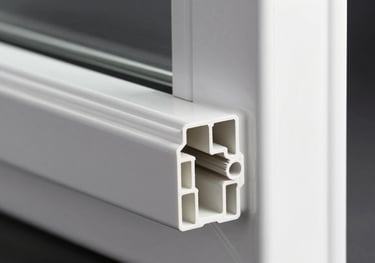 Close-up of a white PVC window frame showing the multi-chamber profile design for energy efficiency, studio lighting.