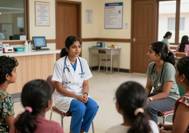 A wide shot of a South Asian community health center where a nursing student is talking to a family, showcasing real-world community health training and clinical practice.