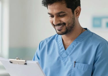 A close-up photography of a South Asian male nursing student in a light blue medical uniform, smiling warmly while checking a chart in a clean, modern clinical setting with soft natural light.