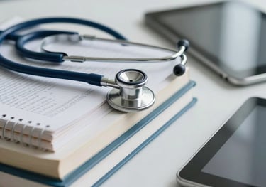 A close-up of medical textbooks, a stethoscope, and a digital tablet on a clean desk, representing modern nursing education in a professional South Asian academic setting.