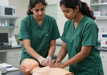 An action shot of two South Asian female healthcare students in green scrubs practicing first aid on a training mannequin in a well-lit, academic clinical laboratory.