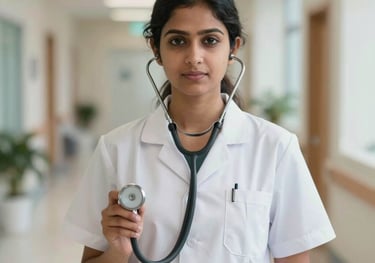 A professional portrait of a South Asian female nursing student in a white uniform holding a stethoscope, standing in a bright, modern hospital corridor with a soft-focus background.