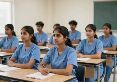 A group of South Asian nursing students, men and women, sitting in a modern, clean classroom with wooden desks, listening attentively to a lecture, with a bright and scholarly atmosphere.