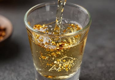A close-up of a hand-blown mezcal cup being filled with a golden spirit, showing the rich texture and the glint of gold flakes inside. Mexican / Latin American setting.