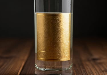 A sleek, minimalist mezcal bottle with a heavy glass base, featuring an elegant gold foil label. The bottle is placed on a dark brown wooden surface with soft antique gold lighting.