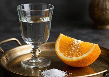 A refined still life of a mezcal glass next to an orange slice dusted with worm salt, placed on a bronze tray. Dark, luxurious Mexican / Latin American interior.