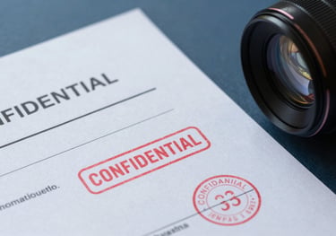 A close-up of professional business documents with 'CONFIDENTIAL' stamps and security seals on a dark slate blue surface.