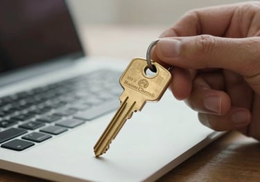 A close-up of a hand holding a gold security key near a laptop, symbolizing digital access and protection in a corporate setting.