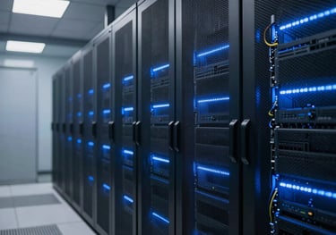 A sleek, modern hallway with server cabinets and blue LED lighting, representing a secure data center environment.
