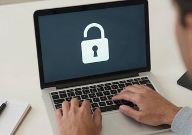An aerial view of a person using a laptop with a secure padlock icon displayed on the screen, surrounded by light off-white office supplies.