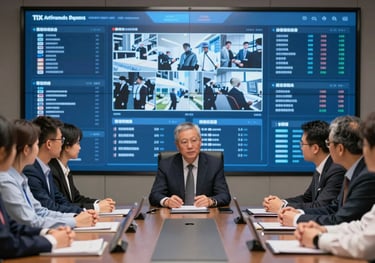 A professional team meeting around a conference table with a large screen displaying security dashboard data in shades of blue.