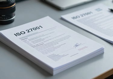 A neat stack of professional certification documents and an ISO 27001 manual on a clean blue-grey desk surface.