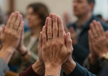 A close-up of hands held together in prayer during a communal service in a North American / US church, emphasizing warmth, tradition, and community spirit.
