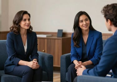 Two individuals seated in a professional yet warm counseling office in North American / US, with soft lighting and comfortable seating in shades of royal blue.