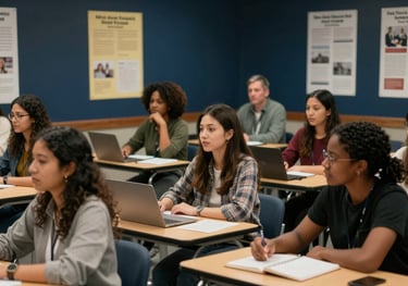 A group of diverse adult students in a North American / US classroom setting, engaged in a collaborative seminar, with warm lighting and academic posters in midnight navy.