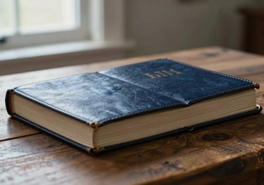 An open leather-bound Bible resting on a rustic wooden table in a chapel, soft light filtering through a window, North American / US style, colors include midnight navy and soft sky blue.