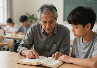 A mentor guiding a younger student through a biblical text in a bright, modern North American / US study hall, focusing on tradition and mentorship.