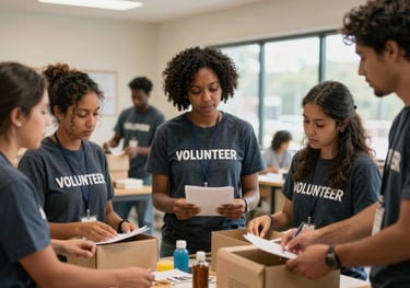 A group of people volunteering at a local community center in North American / US, capturing the spirit of service and compassionate Christian leadership.