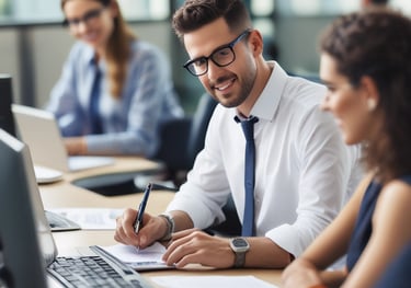 Payroll specialist processing payments on a computer with focused attention.
