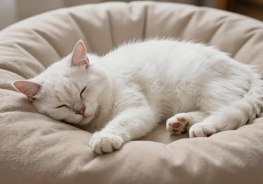Close-up photography of a fluffy white cat sleeping soundly on a plush, round beige bed. The texture of the bed looks soft and inviting.