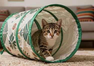 A playful kitten peeking out of a patterned fabric tunnel. The tunnel has forest green accents, and the background is a cozy living room with Latin American decor.