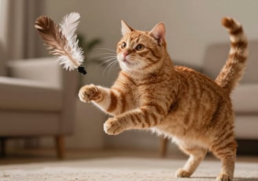 An action shot of a ginger cat jumping to catch a feather toy. Dynamic composition, blurred home background with warm beige tones.
