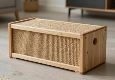 Detailed photography of a modern, minimalist cat scratcher made of light wood and natural jute fiber, placed on a clean floor in a stylish apartment.