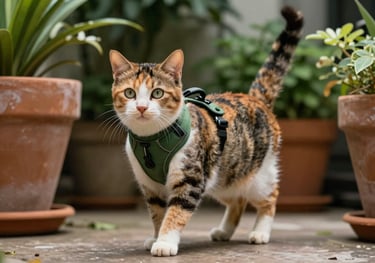 A medium shot of a calico cat wearing a forest green harness, exploring a lush patio with green plants in large terracotta pots.