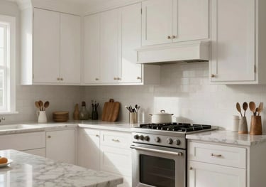 A bright and elegant kitchen with white cabinetry and marble countertops, professional architectural photography, clean and inviting North American home interior.