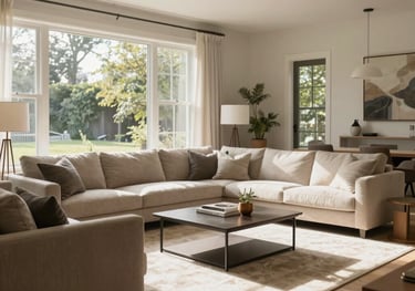 An airy and spacious contemporary living room with soft beige and taupe furniture, large windows letting in natural sunlight, professional North American home staging.