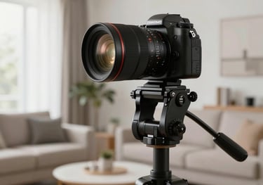 A high-end professional camera on a tripod positioned in a bright, modern living room, representing professional real estate photography services.