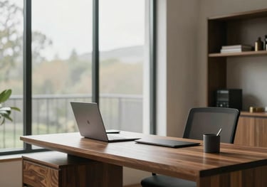 A modern home office with a sleek wooden desk and large window, bright and professional atmosphere, North American residential setting.