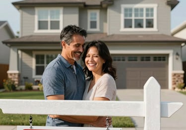 A happy North American couple, in their late 30s to early 40s, smiling warmly and embracing in front of a newly sold, modern single-family home. A 'Sold' sign is partially visible in the foreground. The composition uses the rule of thirds, with the couple slightly to the left, and the elegant, well-maintained house filling the background. Bright, natural daylight creates a warm and inviting atmosphere. Professional, modern photography style.