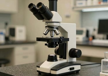 A high-end diagnostic lab microscope sitting on a polished slate desk in a modern North American laboratory, clean and advanced scientific aesthetic, lit in soft gold.