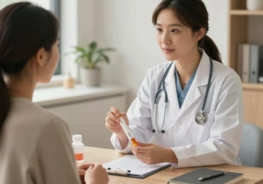 An elegant wellness consultation session in North America, showing a compassionate clinical specialist discussing biomarkers with an active patient in a bright, modern, warm-toned office.