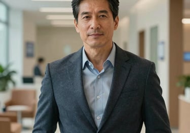 A portrait of a confident mid-aged North American man in smart-casual wear, looking vibrant and healthy inside a modern medical lobby, showcasing renewed masculine health and vigor.