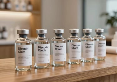 Clean modern medical glass bottles labeled for personalized clinical wellness plans, placed neatly on a polished wood counter in a high-end wellness facility.