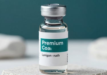 A premium close-up of a clinical-grade medical vial of weight-loss medication sitting on a white stone background, clean modern branding with deep teal colors, highly professional.