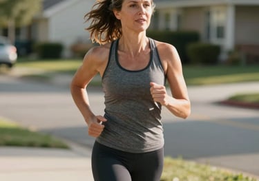 A lifestyle portrait of a vibrant, healthy woman in her late 40s jogging outdoors in a sunny North American neighborhood, expressing life-enhancing personal vitality and physical fitness.