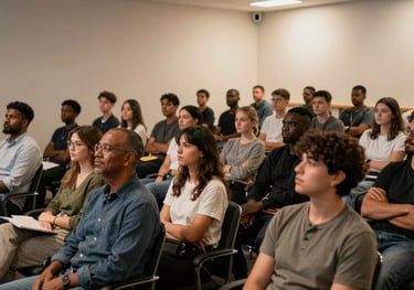 A wide shot of a diverse group of people sitting in an auditorium, attentively listening to a speaker, with a warm off-white light illuminating the space.