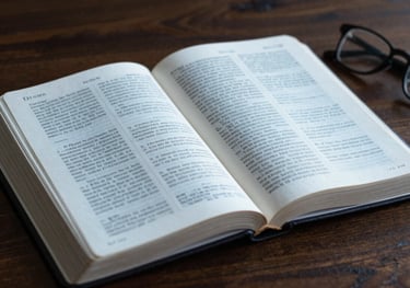 A close-up photograph of an open Bible on a dark wooden table, with light grey-blue light catching the edges of the pages and a pair of spectacles resting beside it.