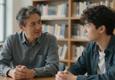 A candid shot of a mentor and a young leader in deep conversation in a quiet library, with soft light grey-blue tones and a sense of peaceful, purposeful wisdom.