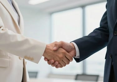 A focused shot of two professionals shaking hands in a bright, modern corporate setting, featuring a palette of off-white and dark navy, symbolizing Kingdom entrepreneurship and collaboration.