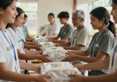 A documentary-style photo showing a group of volunteers handing out supplies to people in a community setting, with soft natural light and a mood of hope and compassion.
